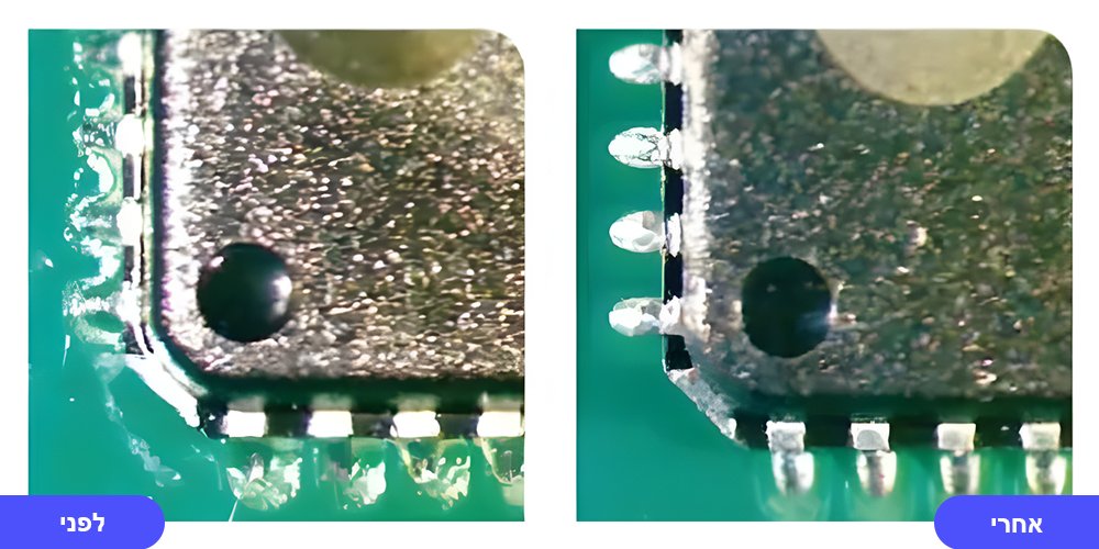 השוואה בין לפני ואחרי ניקוי השטף של PCB על הרכיב